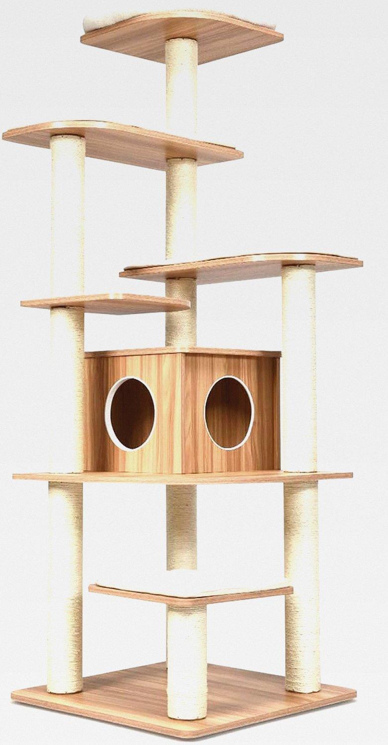 175cm Kratzbaum Holz, 6-stufiger Katzenkratzbaum Groß, Katzen Spielhaus mit Höhle und 5 Matten, Aktivitätsbaum Katzenmöbel Kletterbaum Katzenhaus, Katzenbaum Beige+Natur
