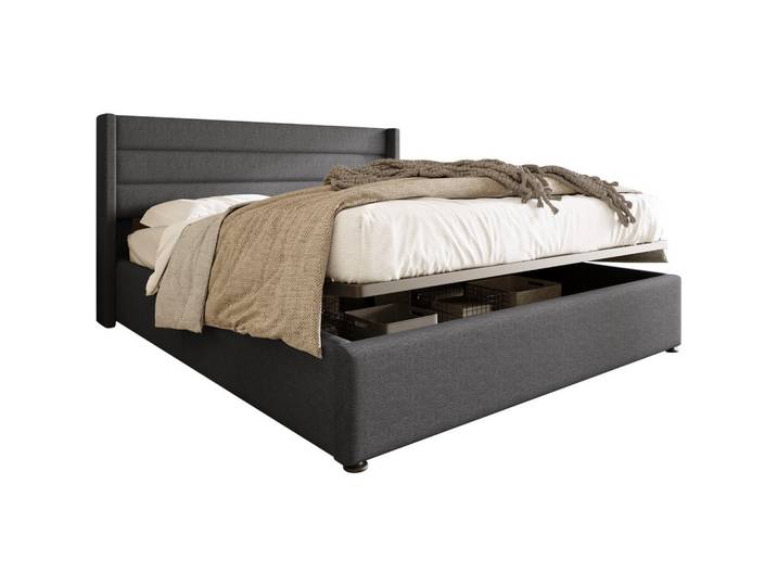 Oxeza Polsterbett 140/200 cm Graues Leinen mit Bettkasten, Echtholz,Pinie, Mode, Rechteckig, 140x200 cm, Schlafzimmer, Betten, Polsterbetten