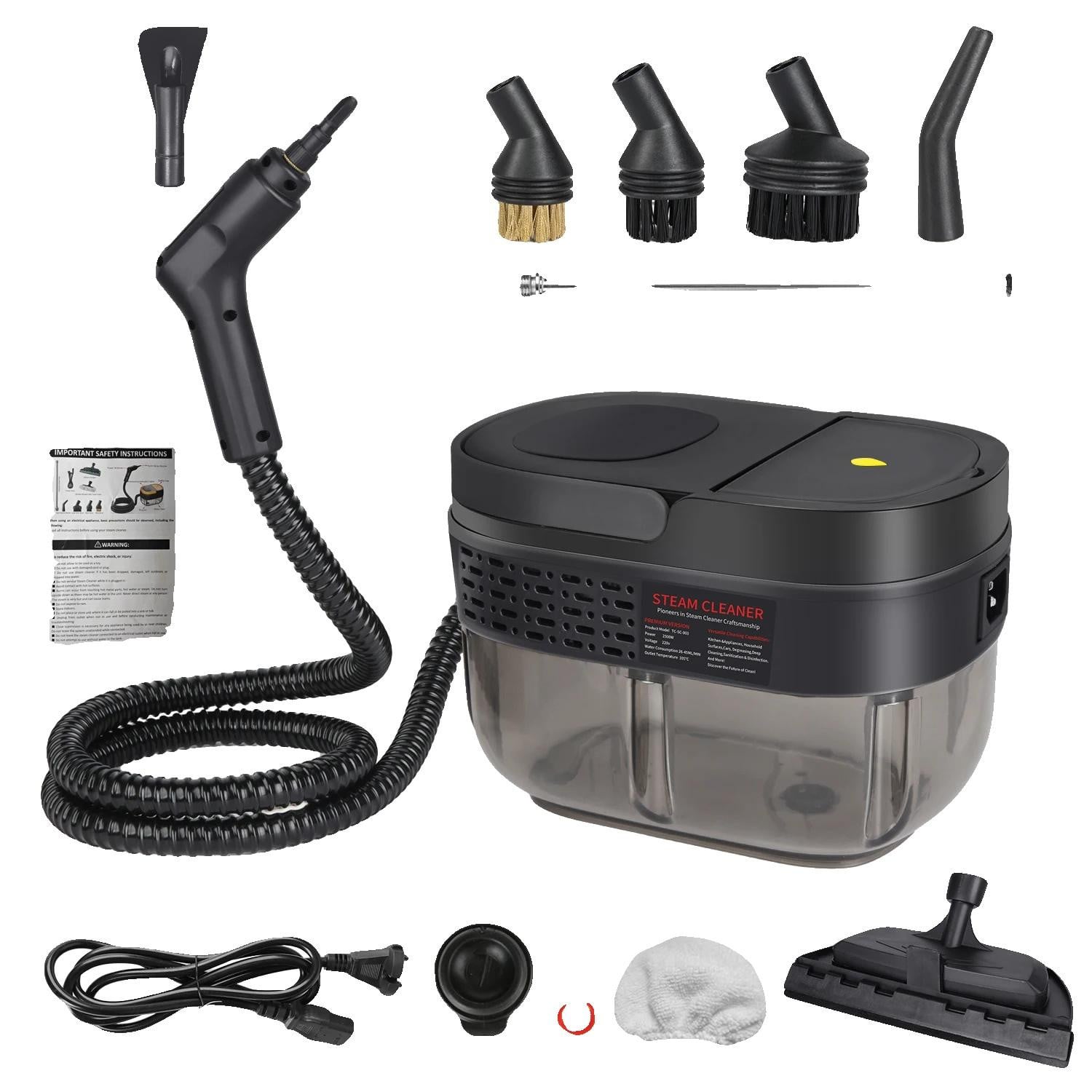 Draagbare handheld stoomreiniger met 2500W vermogen, zwart