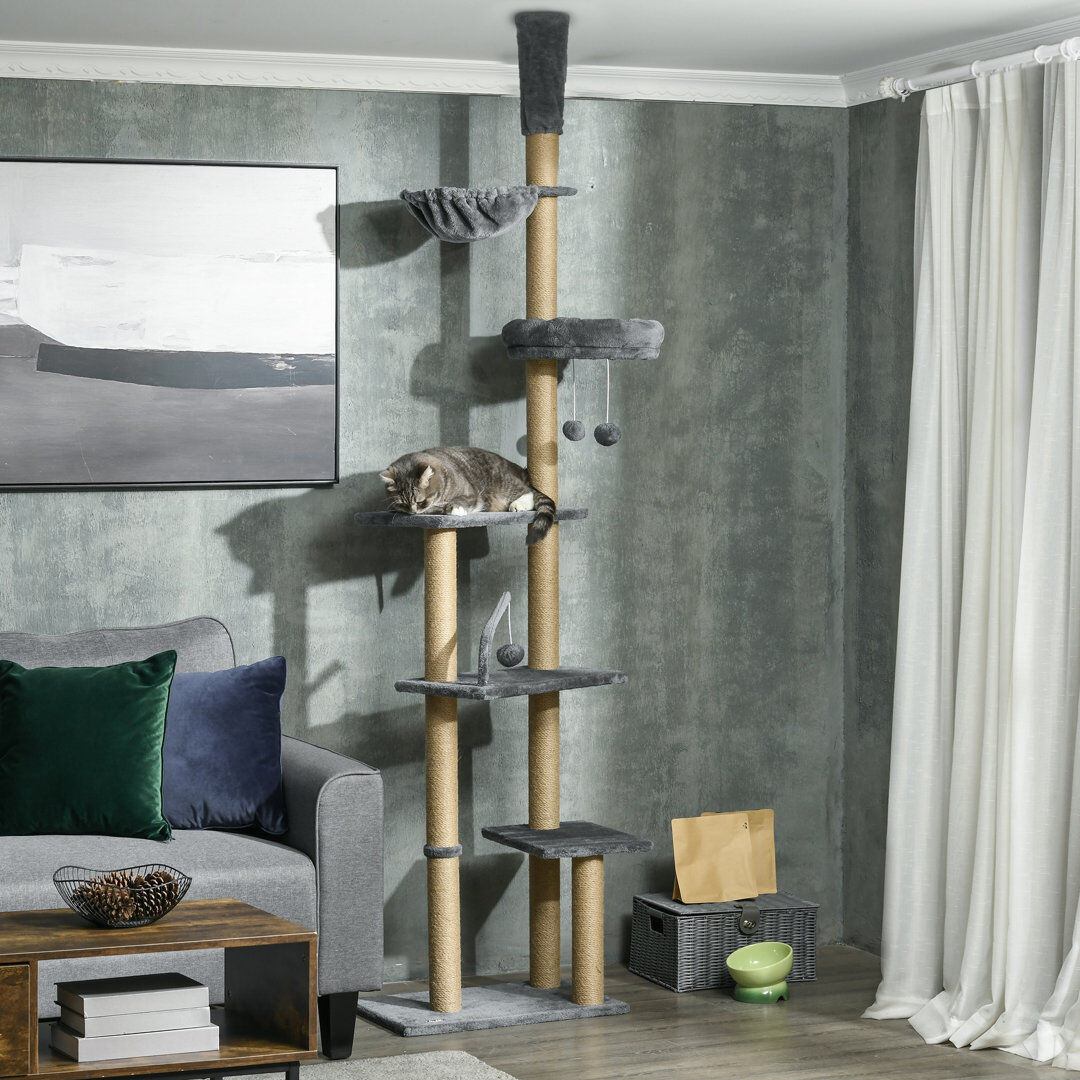 PawHut Floor To Ceiling Cat Tree 6-Tier with Scratch Post Bed Hammock Grey 635cm H X 86.36cm W X 137.16cm D