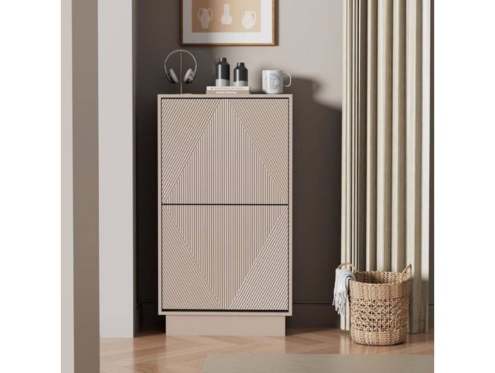 GOOBUY Meuble à Chaussures avec 2 Abattants Armoire à Chaussures avec Motif Lignes Étagère à Chaussures 50x24x91cm Cachemire