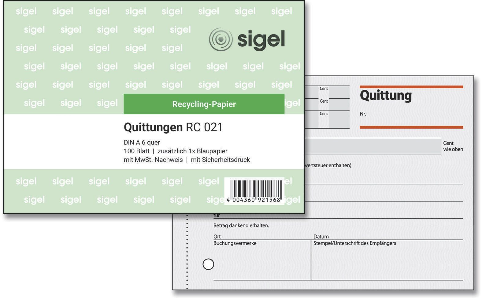 SIGEL Formularbuch Quittung, MwSt. separat ausgewiesen DIN A6 quer 1x 100 Seiten RC021