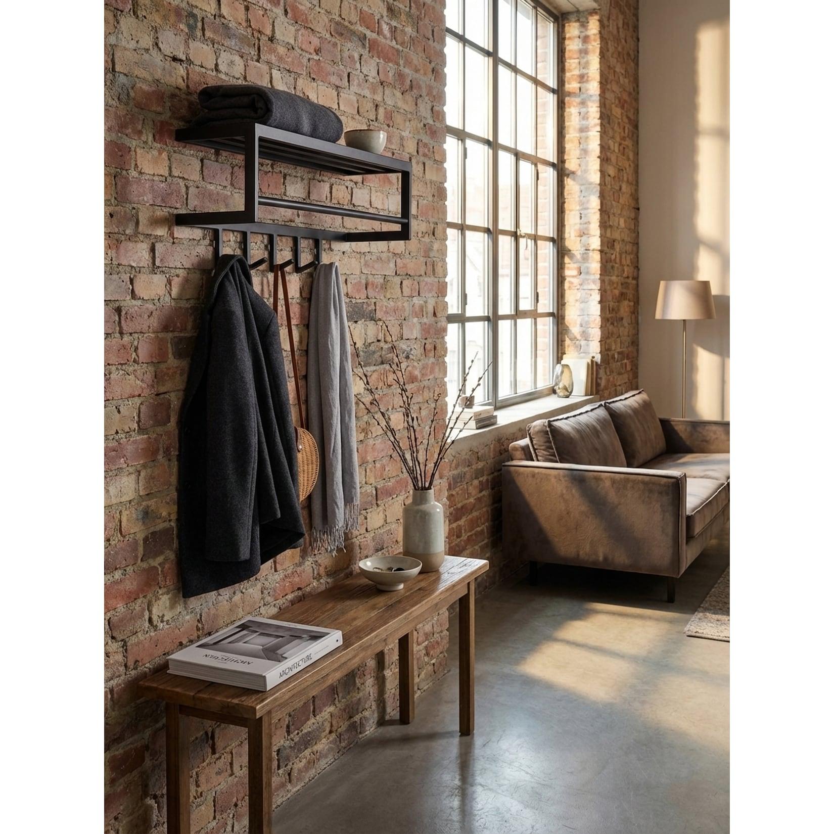 Wandgarderobe Metall Schwarz Modern 70x20x20 cm mit Ablage und Hutablage