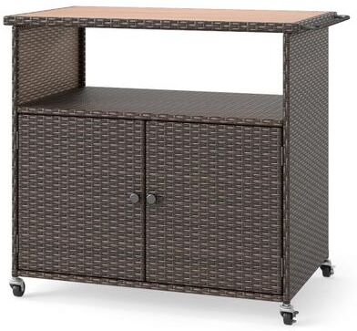 Costway Outdoor Storage Cabinet with Acacia Wood Top and Lockable Wheels-Brown