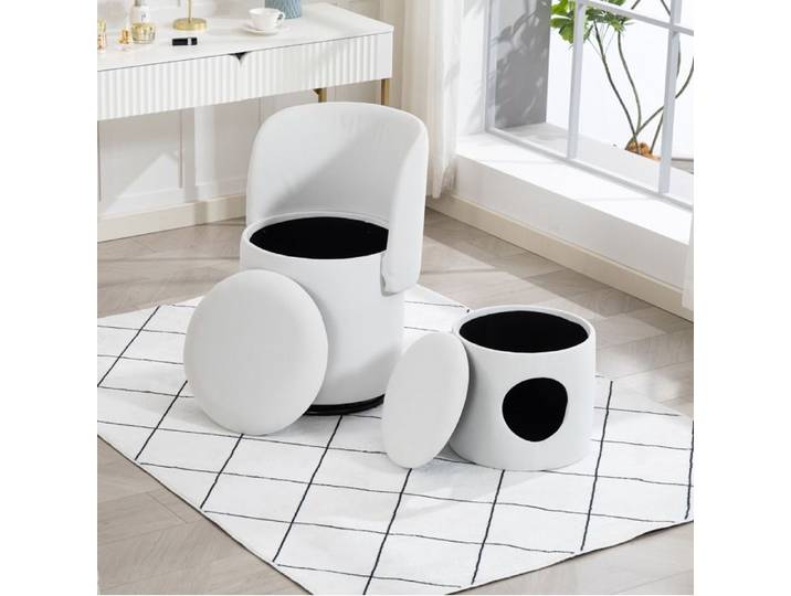 Fauteuil pivotant 360° 1 place avec rangement intégré velours blanc fauteuil de coiffeuse avec pouf chat ORVRYN