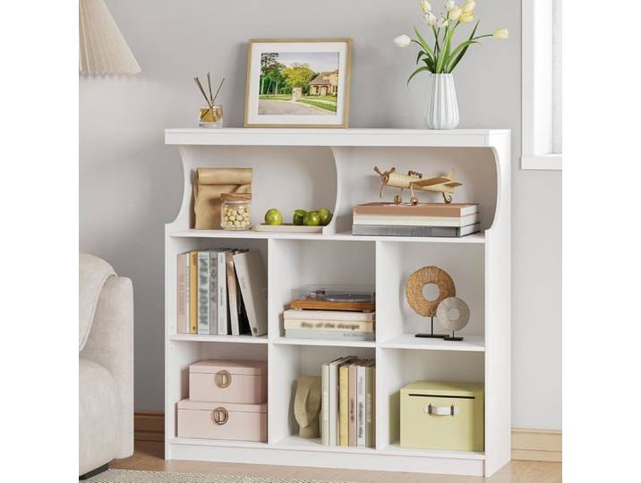 Bibliothèque étagère de Rangement Autoportante Blanche à 8 Compartiments avec étagères cubiques à rainures en U pour Chambre Blanc