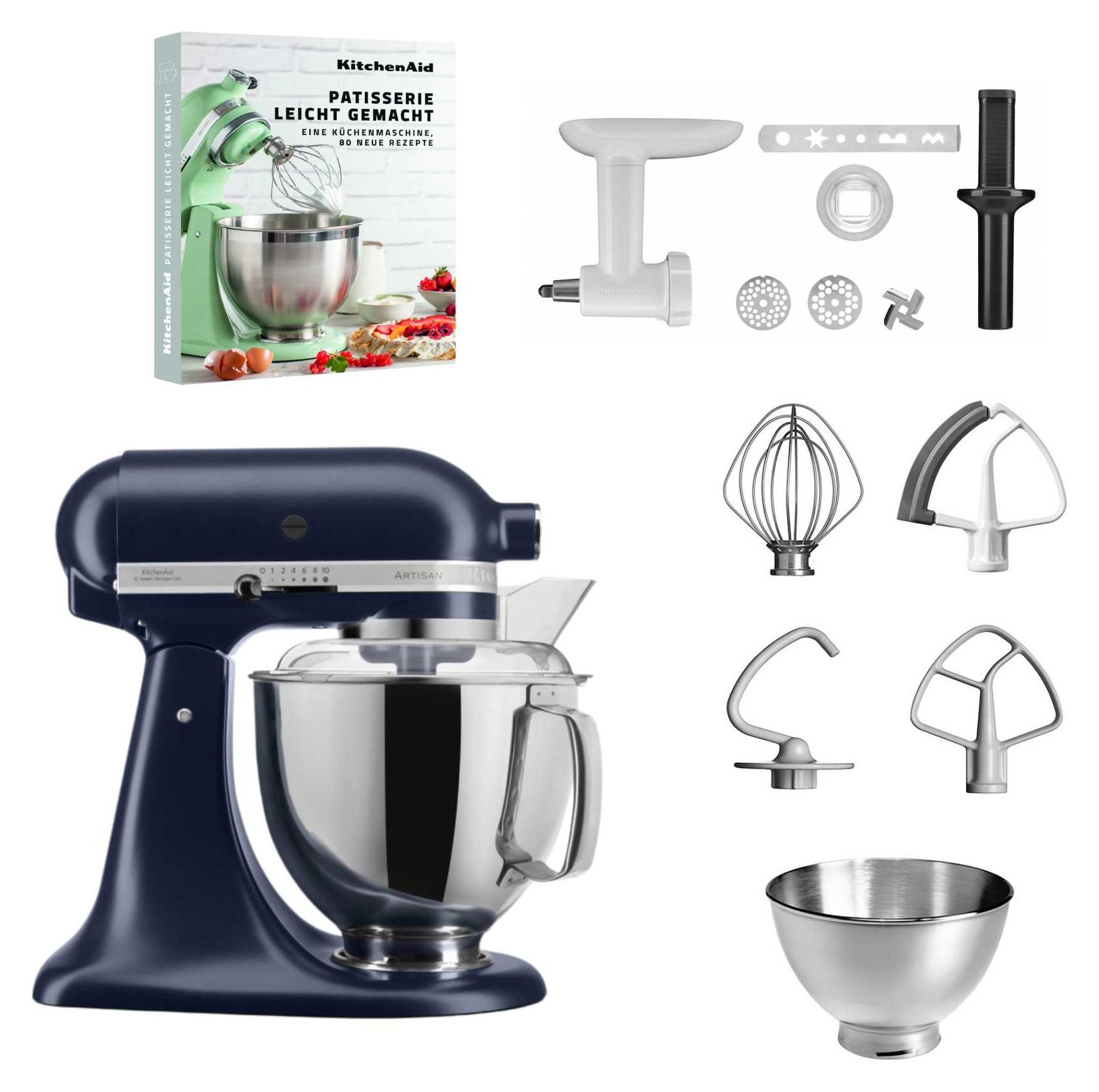 KitchenAid 4,8 L 5KSM175 Artisan Küchenmaschine Pastrylover mit Kunststofffleischwolf+Spritzgebäckvorsatz und Patisserie Buch Tintenblau