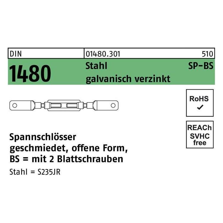 Spannschloss DIN 1480 offen m.2Blattschrauben SP BS M 16 Stahl 3.6 galvanisch verzinkt galvanisch... (014803010160000)