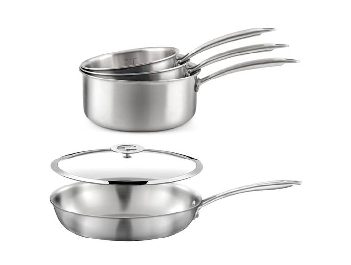 Lot de 3 casseroles inox 16/18/20cm, 1 poêle inox 24cm, 1 couvercle 2