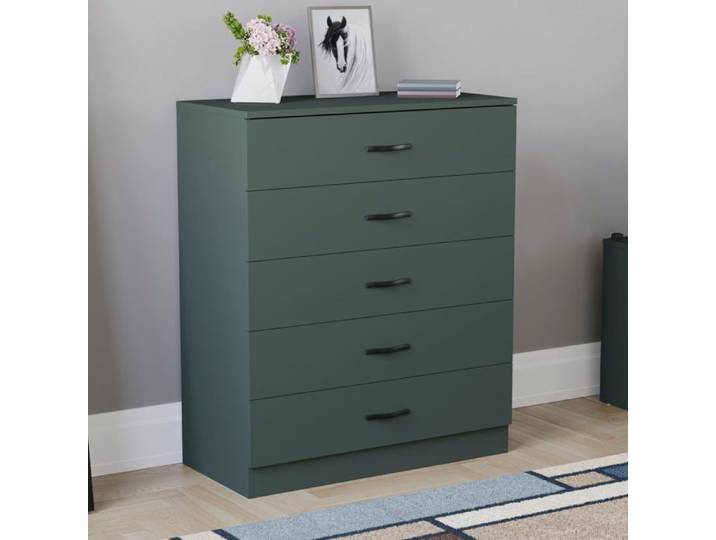 Commode verte Riano avec 5 tiroirs poignées et glissières en métal – Meuble de chambre à coucher
