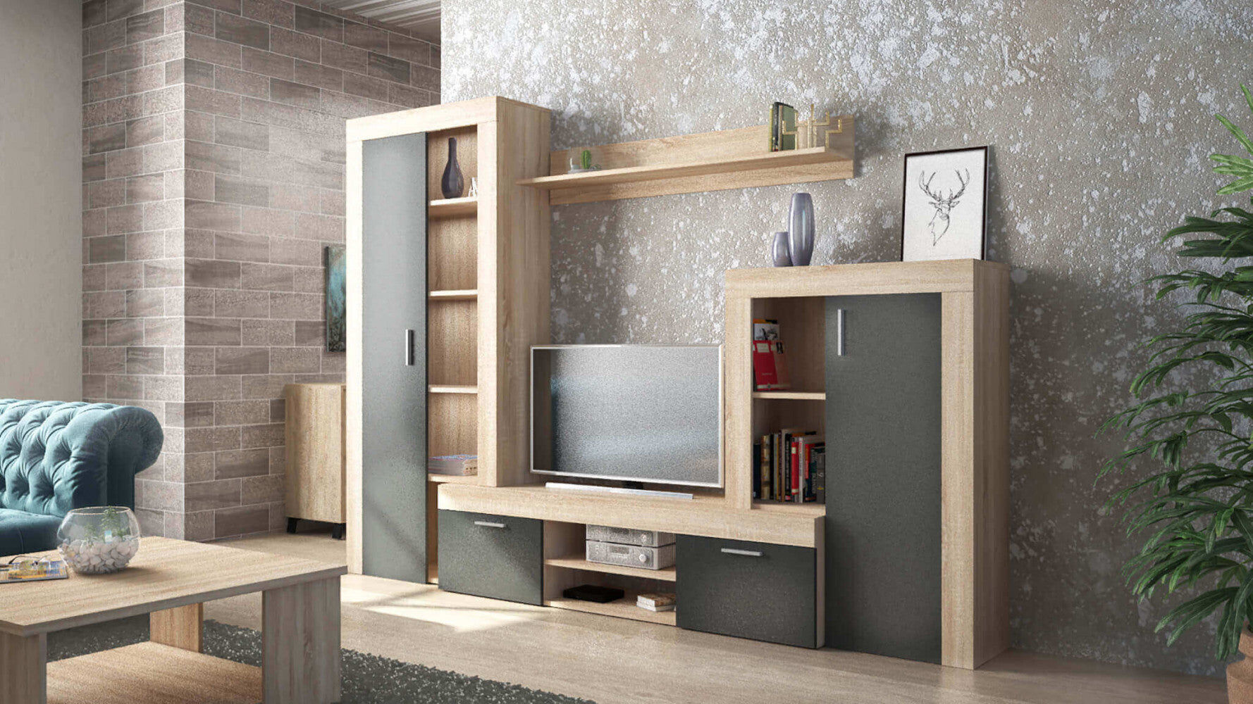 giordanoshop Parete Attrezzata Soggiorno Nobel 300x42x198h cm in Truciolare bilaminato Antracite...