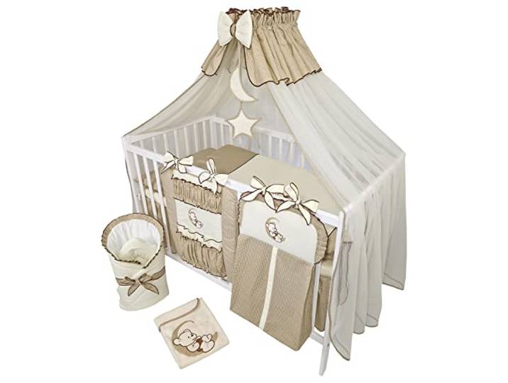 Bello24 - 16 Teiliges Babybett Kinderbett und Bettwäsche komplett Set Happy Leo inkl. Matratze höhenverstellbar für Neugeborene Babys und Kleinkinder aus Massivholz Teddybär Mond Dunkelbeige