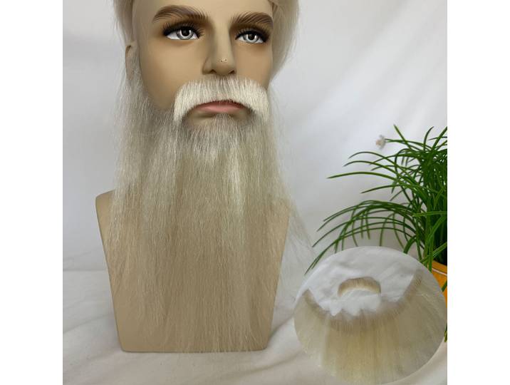 Cheveux humains blancs pleine main attachés fausse barbe moustache réaliste 100% cheveux humains pleine dentelle Invisible fausse moustache pour les hommes