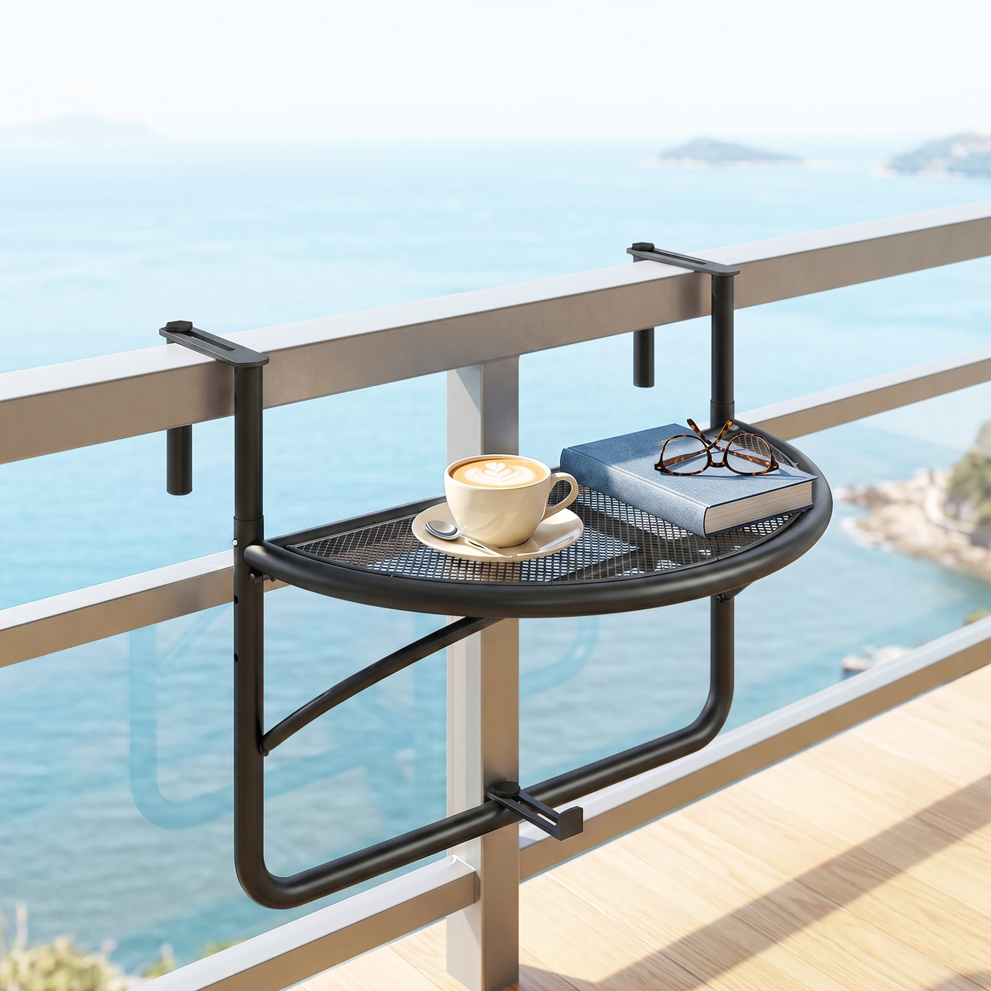 Outsunny Tavolino da Appendere alla Ringhiera del Balcone, Regolabile in Altezza, Ferro, Nero, 60x45x50 cm Aosom