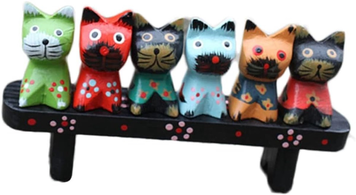 Set van 7 handgemaakte zwarte kattenbeeldjes van hars voor huisdecoratie