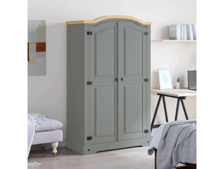 HKQWPBF Kleiderschrank Mexiko-Stil Kiefernholz 2 Türen Grau Gewölbtes Oberteil, Metall schwarz, Kleiderstange, Einlegeboden, Flur, Schlafzimmer, Wohnzimmer