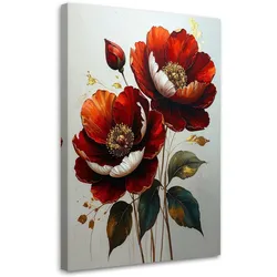 BILD auf Leinwand, Rote Mohnblumen mit dunklen Blättern auf hellem Hintergrund