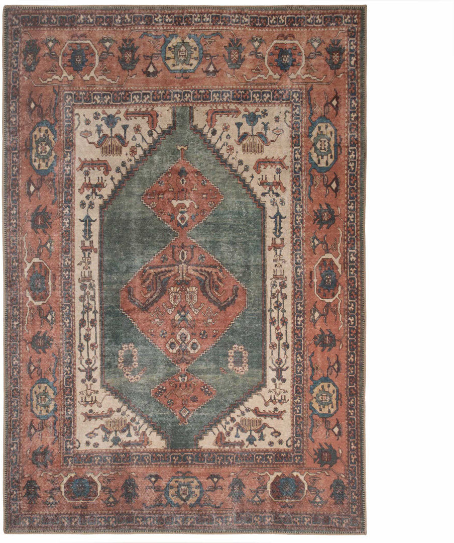 Kukoon Machine Washable Terracotta Green Traditional Persian Style Distressed Living Room Area Rug Brown,Green,Beige Rectangle 160 x 230cm