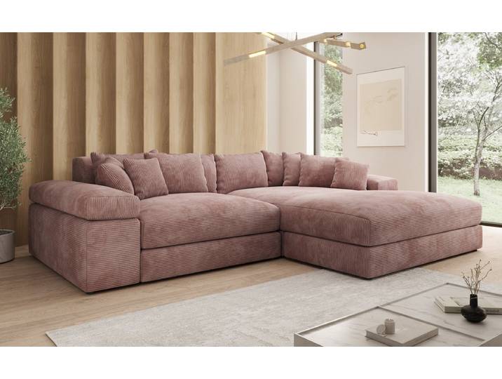 Designer Ecksofa Bernardo mit breiter Ottomane in Cord - Rosé - Cord - Rechts - Luxusbetten24