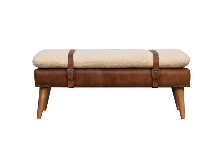 Artisan Furniture Sitzbank Bouclé-Leder Gepolstert, Nordische Beine Beige und Braun, Holz, Echtholz,Mangoholz, Holz Optik, Rechteckig, 90x40x35 cm, Esszimmer, Bank, Sitzbänke