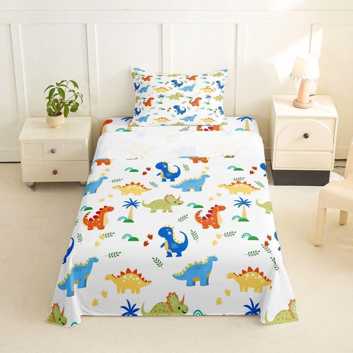 Kinder beddengoed set met dino print, eenpersoons, kleurrijk