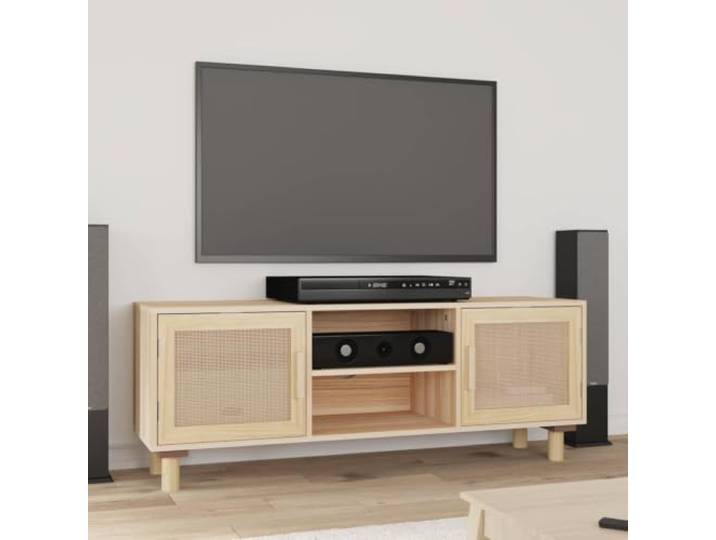 HEFZGDB TV-Schrank Braun 105x30x40 cm Massivholz Kiefer Natur-Rattan mit 4 Fächern, Stauraum, Holzwerkstoff, Rattan-Webdesign Tür, robuste Oberplatte, langlebiges Möbelstück