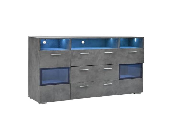 Sideboard 140x33,5x72,5 cm Grau LED App Spanplatte 140x33,5x72,5 cm, Spanplatte, Grau, 2 Türen, 3 Schubladen, 3 offene Fächer, LED per App steuerbar, Kabelmanagement