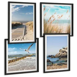 BILDER SET 4er Set - 50x50 cm & 40x60 cm Schwarzer Rahmen - Strand Holzsteg Klippen