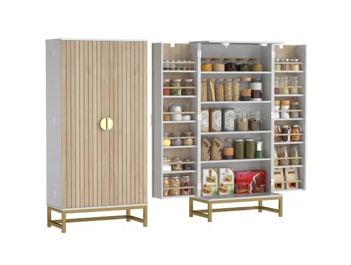 HOMCOM 119,5 cm Küchenschrank, Doppeltüren, verstellbare Böden, Weiß Freistehender Küchenschrank, Aufbewahrungsorganisator, 5 Ebenen, 12 Gewürzregale