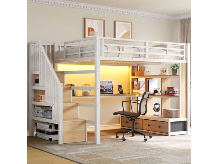 Lit mezzanine - ZEVKOR - 140x200 cm - Bureau intégré - 2 tiroirs - LED intégrée