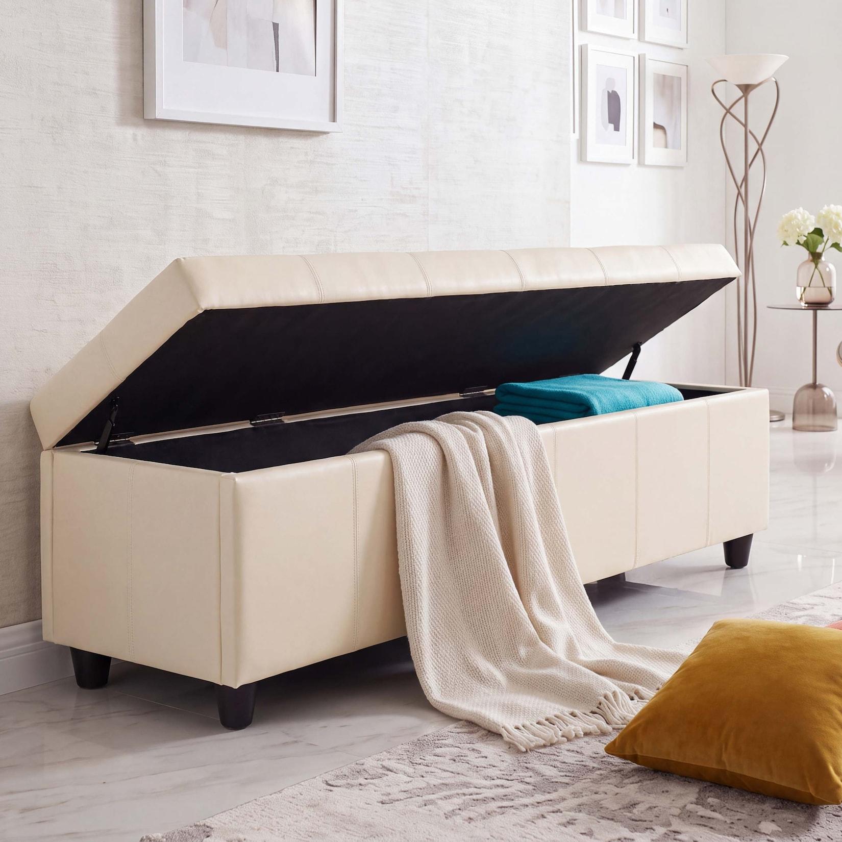 Aufbewahrungs-Truhe Sitzbank Arezzo XXL, Leder, 180x45x45cm ~ creme