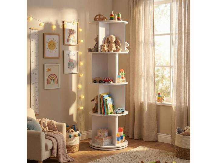 Le Quai Des Affaires – Bibliothèque Rotative 40x40x128.5cm – 12 Compartiments – Mdf Blanc – Rotation 360° Pour Gain De Place – Design Géométrique Moderne