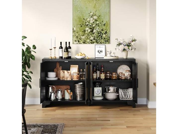 JustSmart Boho Rattan-Flurschrank Sideboard – TV-Lowboard bis 70 Zoll – 4 Türen & Regalfächer – Stauraum für Flur, Wohn- & Esszimmer – Farbe: Schwarz