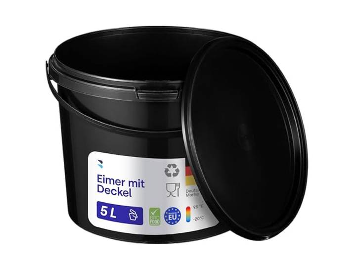 BenBow Eimer mit Deckel 5l schwarz 100x 5 Liter - lebensmittelecht, stabil, luftdicht, auslaufsicher, geruchsneutral - Aufbewahrungsbehälter aus Kunststoff, mit Henkel - leer