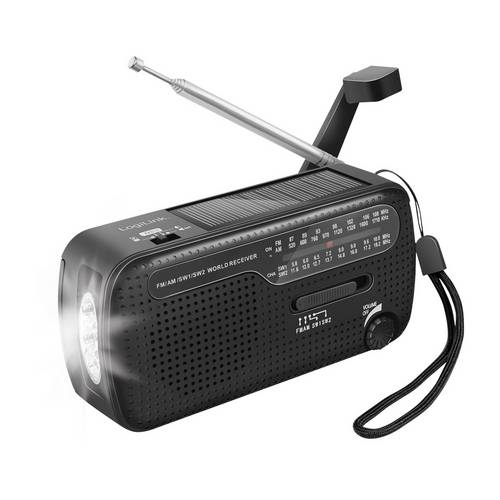 LogiLink SP0074 Notfallradio AM, FM Handkurbel, Solarpanel, Powerbank-Funktion, Taschenlampe, wiederaufladbar Schwarz