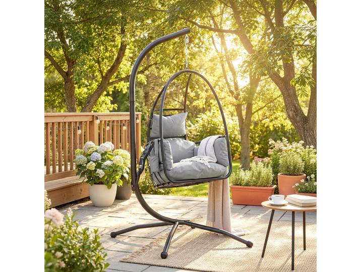 Outsunny Fauteuil Suspendu Œuf Pliable avec Support Gris 120kg