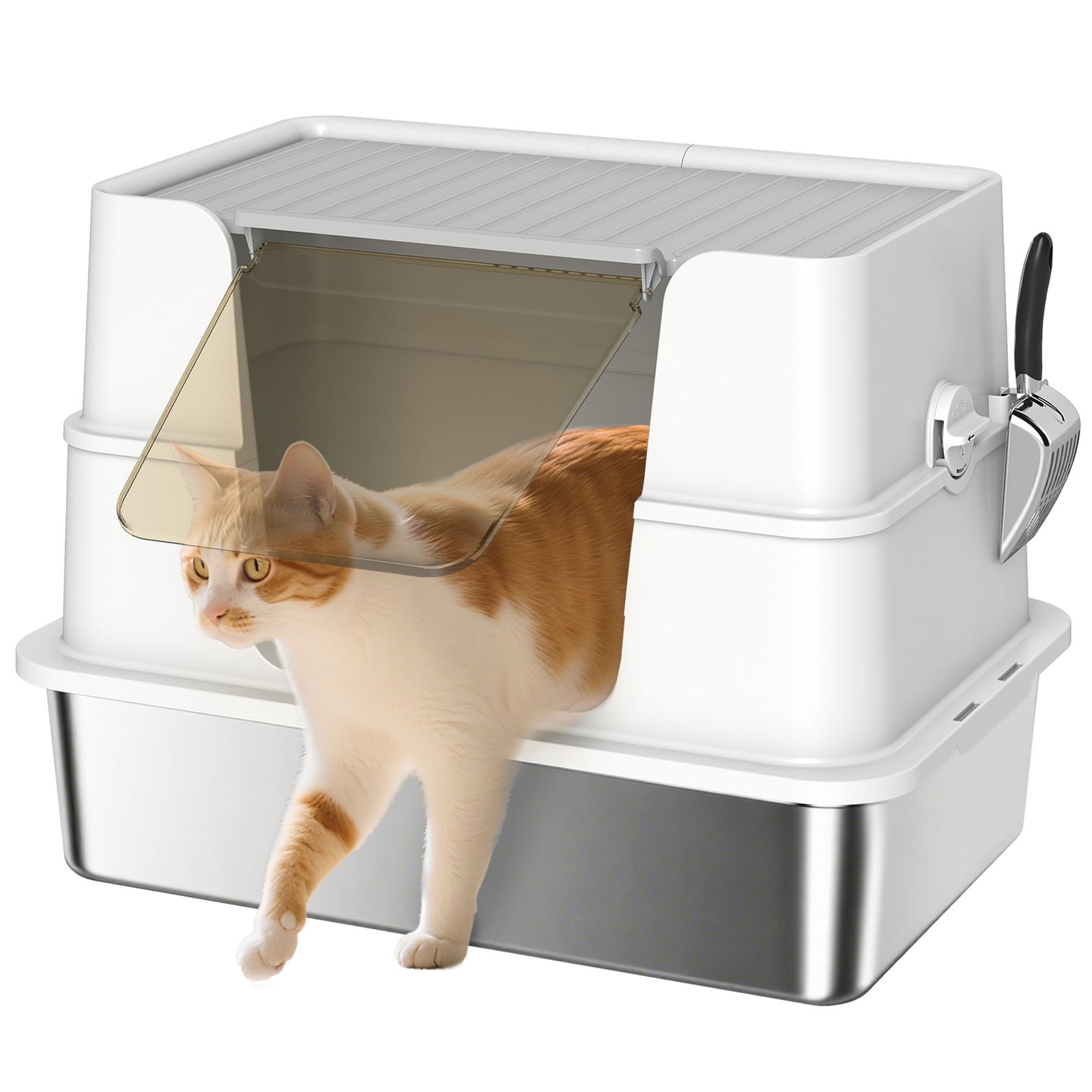 PawHut Kattenbak met RVS XL-binnenruimte en schep, Lichtgrijs