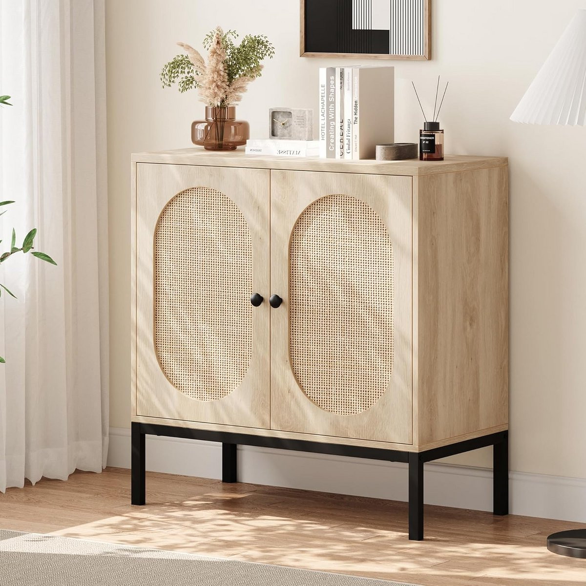 Rustiek Dressoir Buffetkast met Rotan Deuren en Verstelbare Plank