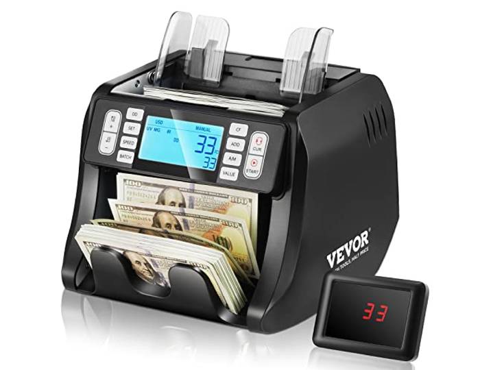 VEVOR Compteuse de Billets USD et EUR\, Détecteur de Faux Billets Contrefaçon UV\, MG\, IR et DD\, Machine à Compter Les Billets avec Modes d'Ajout et de Lot\, Grand Écran LCD et Écran Externe\, pour Banque