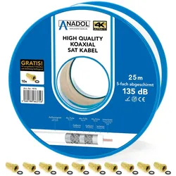 Anadol Brandschutz-Koaxialkabel 135dB, 25m Spule, 7mm, 5fach geschirmt,Norm EN 50575, Brandschutzklasse Eca, inklusiv 10 vergoldete F-Stecker