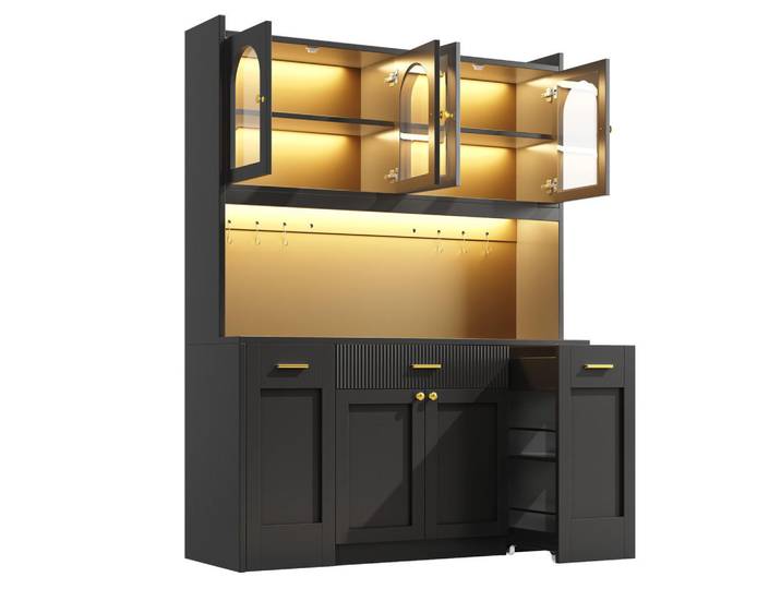 ComfortXL Buffet De-38485 120/40/187 cm mit LED und 3 Glasvitrinen Schwarz, 120x187x40 cm, Esszimmer, Anrichten, Buffetschränke