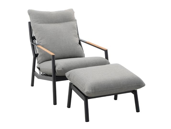 Lola Monaco hoher Loungesessel mit Hocker und Teak-Armlehnen /