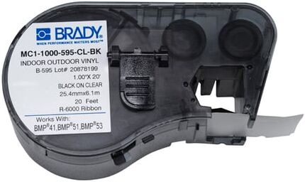Brady MC1-1000-595-CL-BK fita de vinil preto sobre transparente de 25,4 mm x 6,1 m