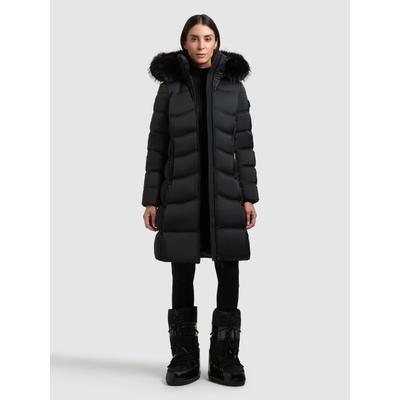 Steppmantel KHUJO "AKKIE", Damen, Gr. S, schwarz (obrage grau), Twill, 100% Polyester, unifarben, regular fit knielang, eingesetzt gerader Abschluss mit innenliegendem Gummizug, Mäntel Steppmantel