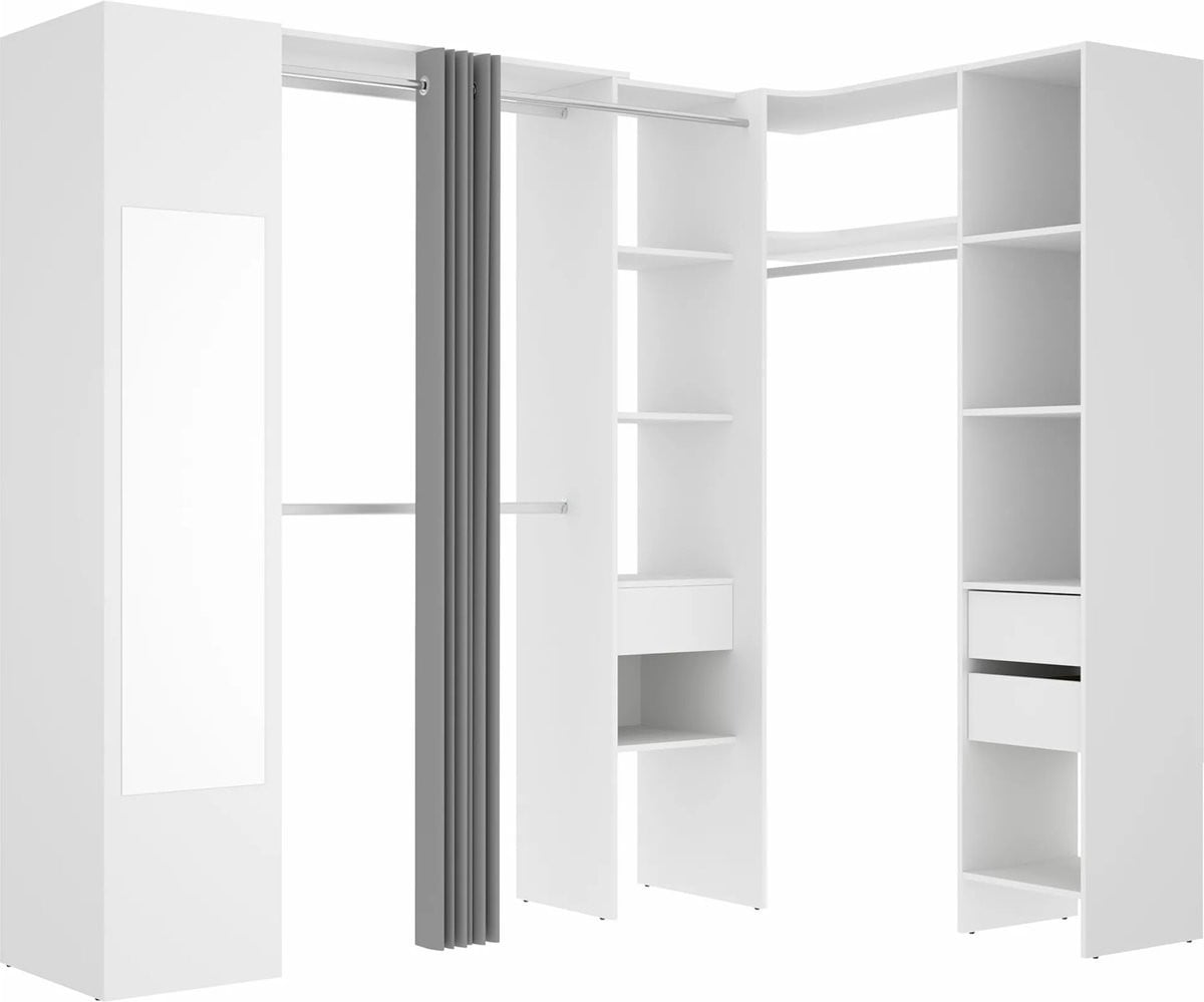 BERTRAND Hoekkledingkast met gordijn, spiegel en 1 deur, Wit en grijs, L231 cm