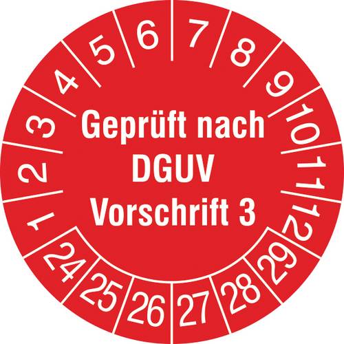 SafetyMarking 30.C2105.24-29 Prüfplakette Geprüft nach DGUV Vorschrift 3 2024-2029 Rot/Weiß Folie selbstklebend (Ø) 3cm 3cm 15St.