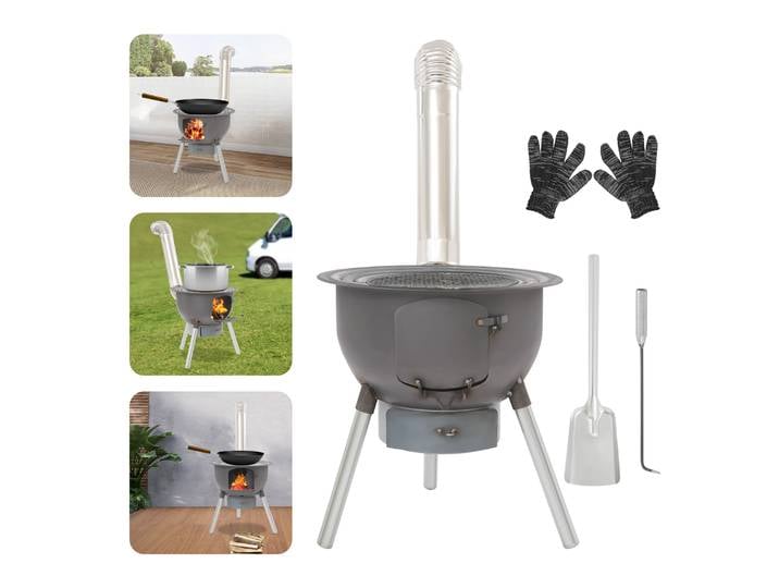Poêle à bois portable avec 3 anneaux pour wok, capacité de charge de 150 kg, poêle à bois multifonction pour le camping, le barbecue, le chauffage et la cuisson