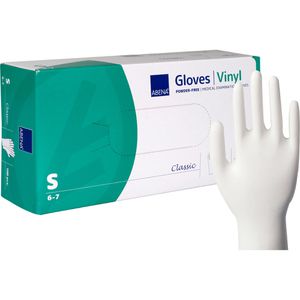 Abena Einmalhandschuhe Classic, transparent, 100 Stück, Vinyl, chemikalienbeständig, lebensmittelecht, Größe S