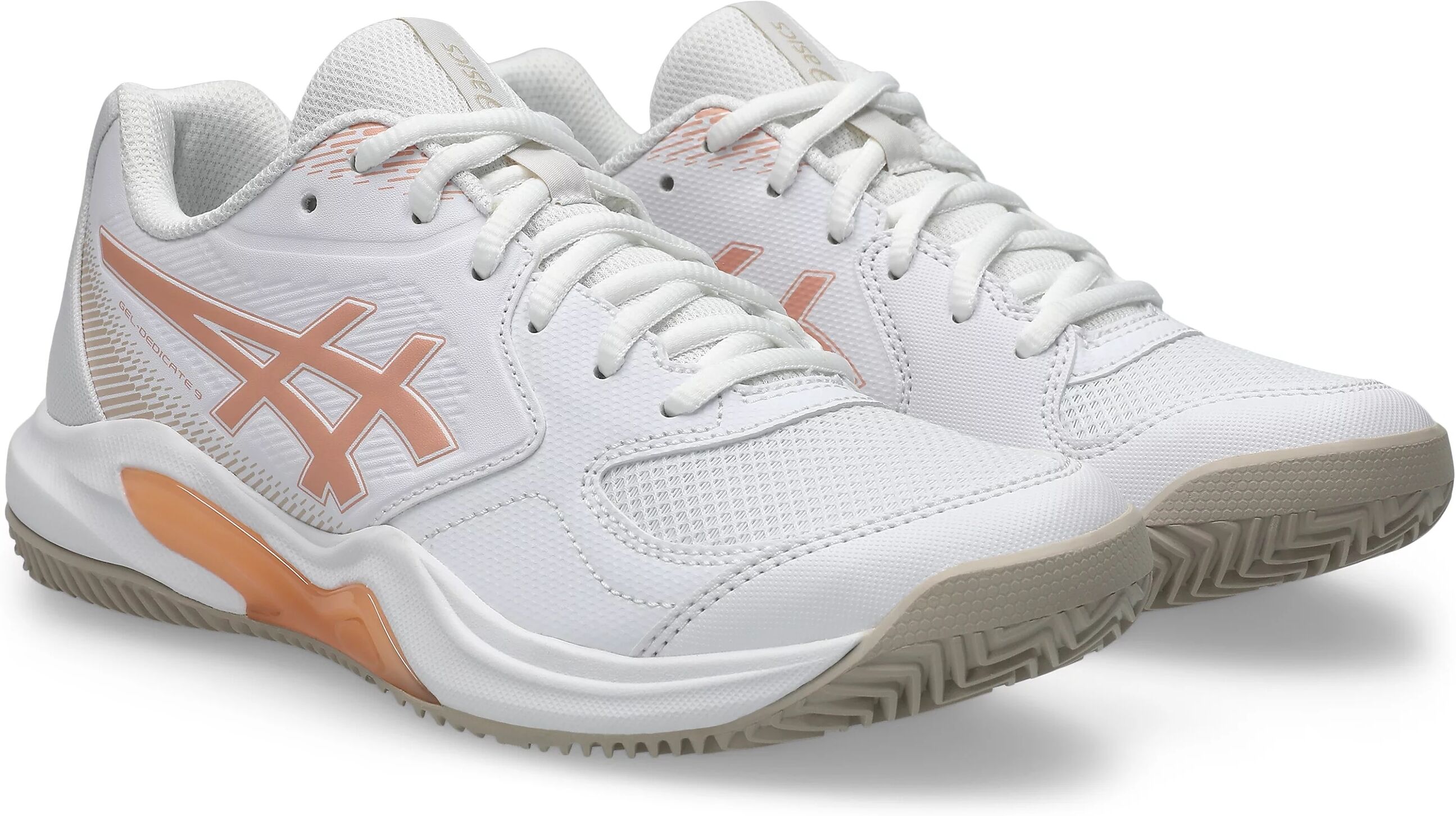 Tennisschuh ASICS "GEL-DEDICATE 9 CLAY", Damen, Gr. 43,5, rosa (weiß, cantaloupe), Synthetik, Schuhe Tennisschuh, Sandplatzschuhe für Ascheplätze weiß, cantaloupe 43,5