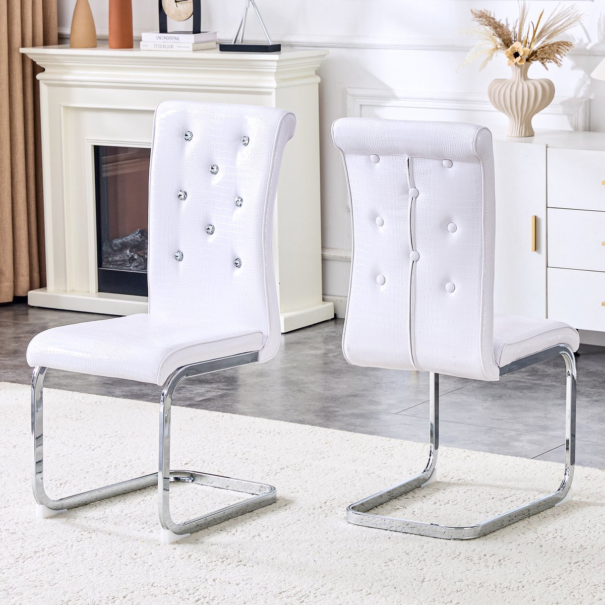 Set van 2 Eetkamerstoelen Retro Kroko-Optiek met Kristalknopen en Gepolsterde Zitting - Wit Kunstleer